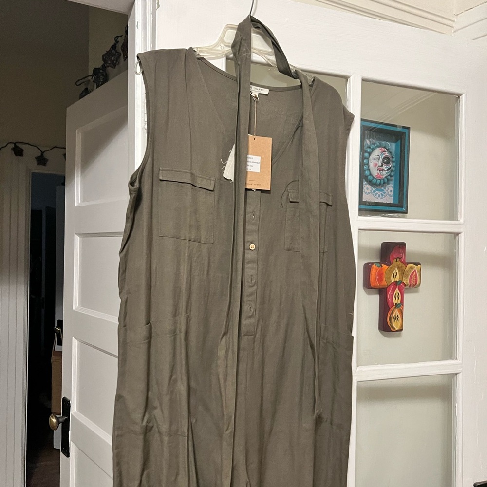 Sophisticated SHAN Olive Green Sleeveless Utility Jumpsuit with Neck Tie